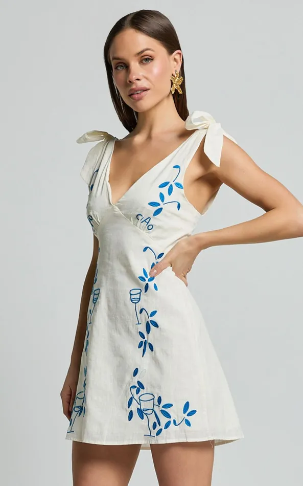 Showpo Tia Mini Dress 8211 Tie Strap Deep V Neck Shift Dress In Natural Women Dresses