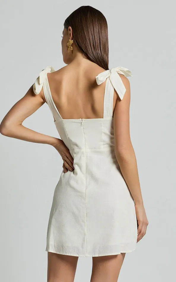 Showpo Tia Mini Dress 8211 Tie Strap Deep V Neck Shift Dress In Natural Women Dresses