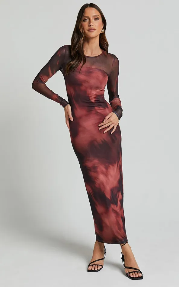 Showpo Tianna Maxi Dress 8211 Scoop Neck Long Sleeve Bodycon Dress In Red Blur Women Dresses