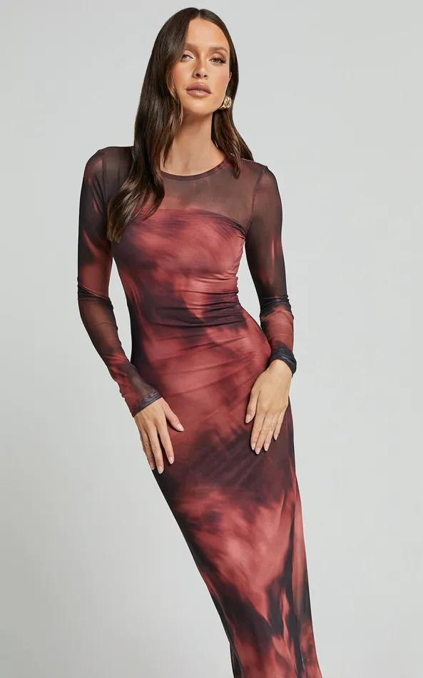 Showpo Tianna Maxi Dress 8211 Scoop Neck Long Sleeve Bodycon Dress In Red Blur Women Dresses