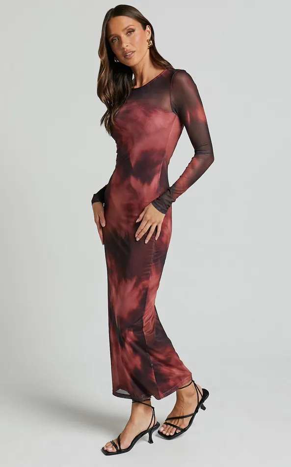 Showpo Tianna Maxi Dress 8211 Scoop Neck Long Sleeve Bodycon Dress In Red Blur Women Dresses