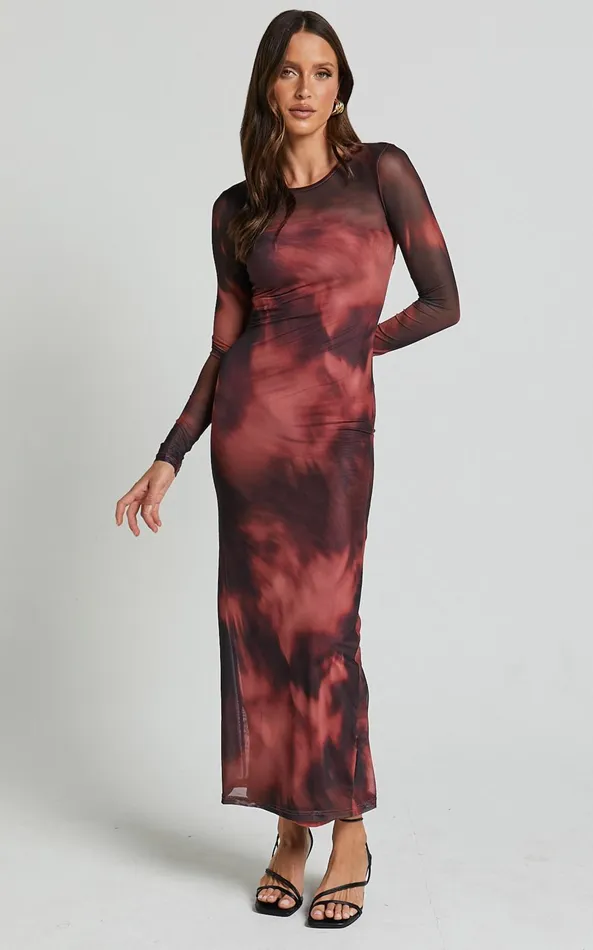 Showpo Tianna Maxi Dress 8211 Scoop Neck Long Sleeve Bodycon Dress In Red Blur Women Dresses