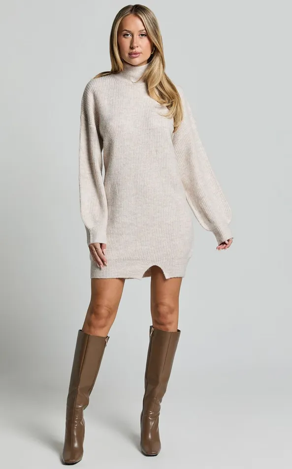 Showpo Tianna Mini Dress 8211 Knitted Side Split Jumper Dress In Beige Marl Women Dresses Showpo Tianna Mini Dress 8211 Knitted Side Split Jumper Dress In Beige Marl Women Dresses