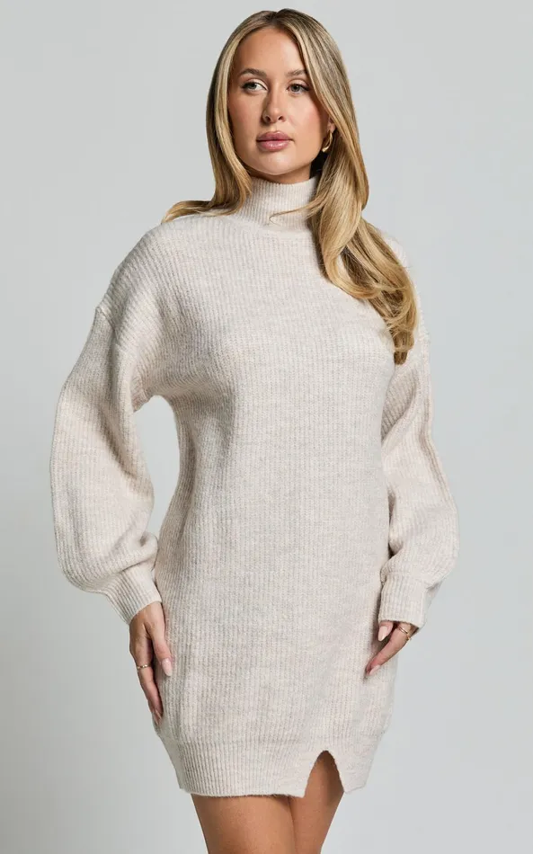 Showpo Tianna Mini Dress 8211 Knitted Side Split Jumper Dress In Beige Marl Women Dresses