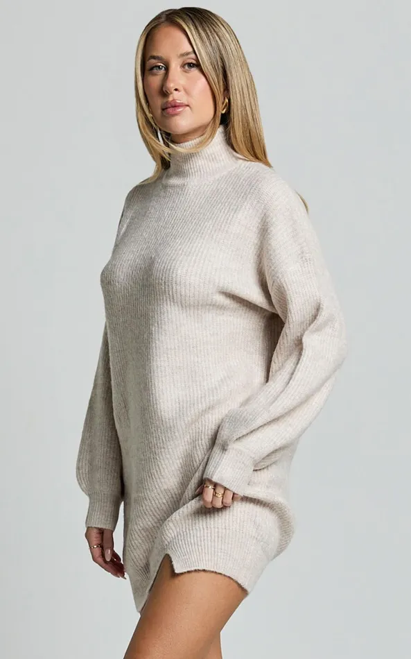 Showpo Tianna Mini Dress 8211 Knitted Side Split Jumper Dress In Beige Marl Women Dresses