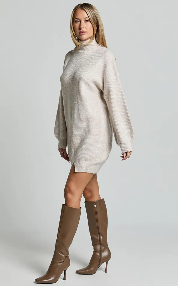 Showpo Tianna Mini Dress 8211 Knitted Side Split Jumper Dress In Beige Marl Women Dresses