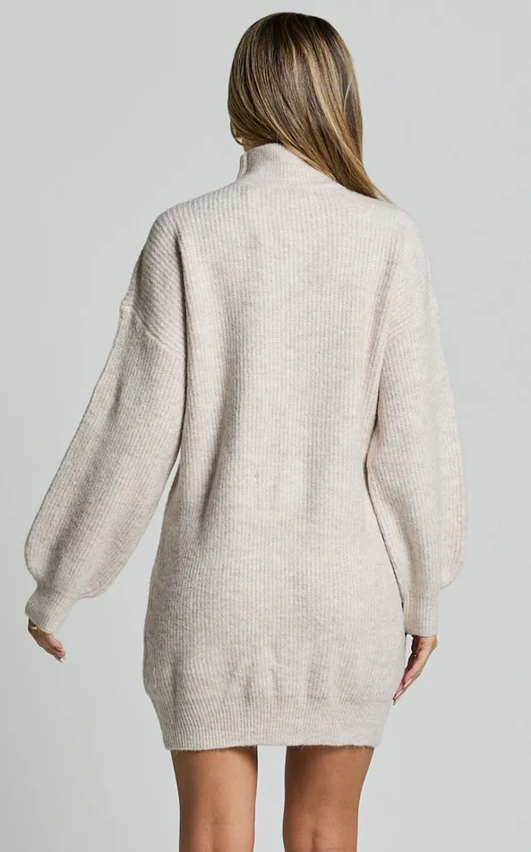 Showpo Tianna Mini Dress 8211 Knitted Side Split Jumper Dress In Beige Marl Women Dresses