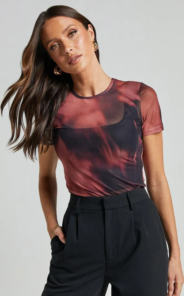 Showpo Tianna Top 8211 Scoop Neck Short Sleeve Mesh Top In Red Blur Women Tops
