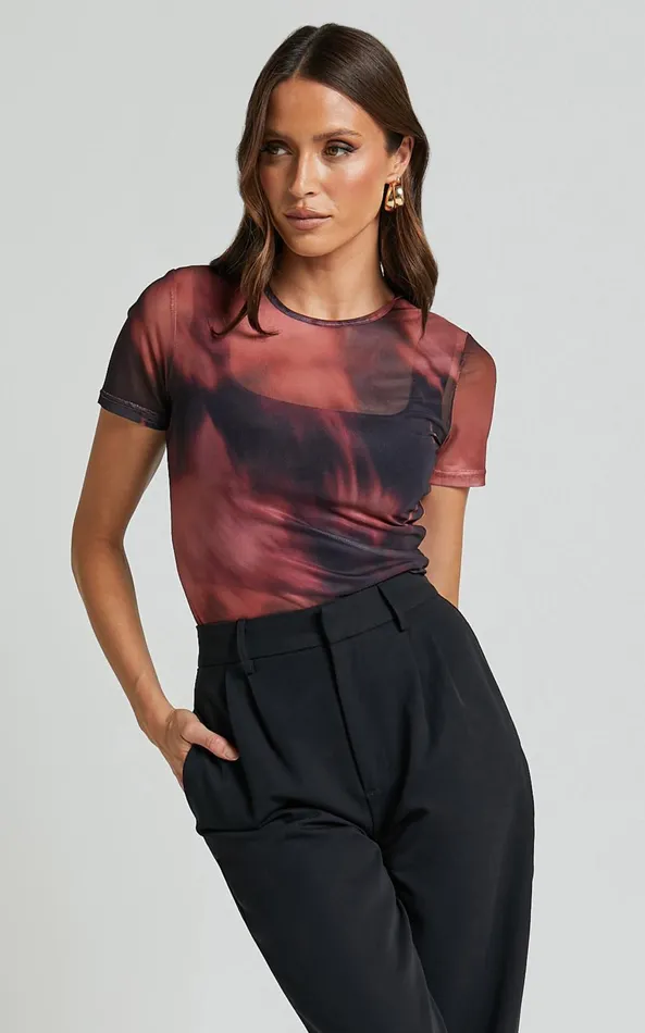 Showpo Tianna Top 8211 Scoop Neck Short Sleeve Mesh Top In Red Blur Women Tops