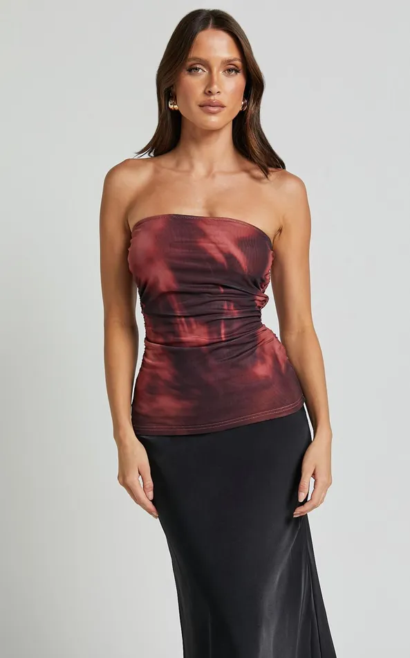 Showpo Tianna Top 8211 Strapless Sheer Mesh Top In Red Blur Women Tops