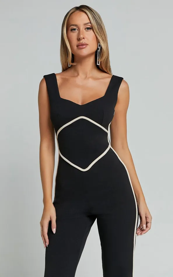 Showpo Tiarna Contrast Sweetheart Neck Line Jumpsuit In Black Women Jumpsuits