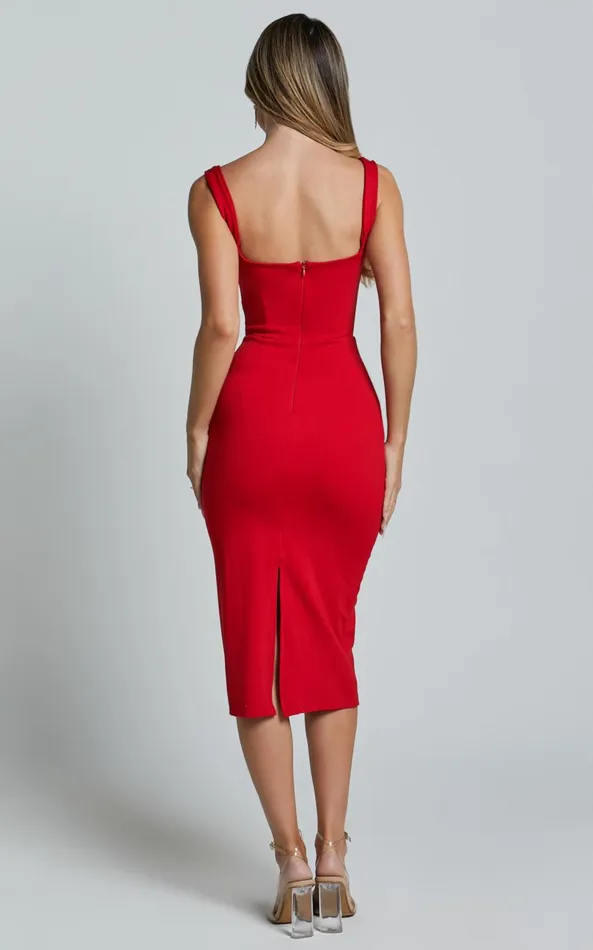Showpo Tiffy Midi Dress 8211 Square Neck Ruched Bodycon Dress In Scarlet Women Dresses