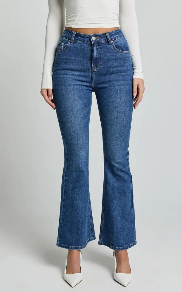 Showpo Tilda Jeans 8211 High Waist Flare Denim Jeans In Dark Blue Wash Women Denim