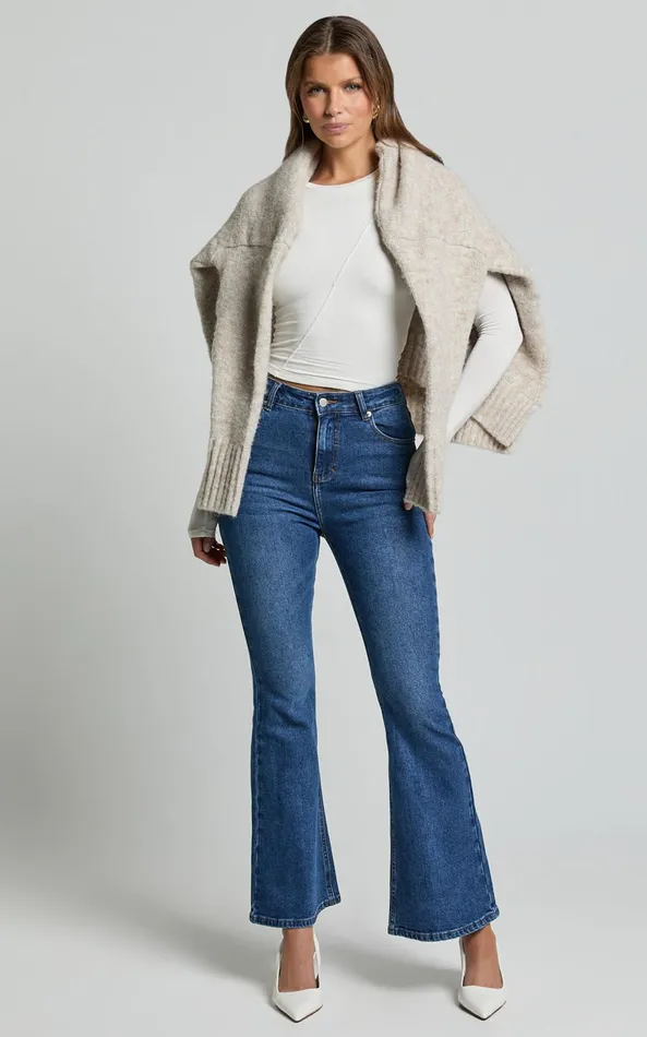 Showpo Tilda Jeans 8211 High Waist Flare Denim Jeans In Dark Blue Wash Women Denim
