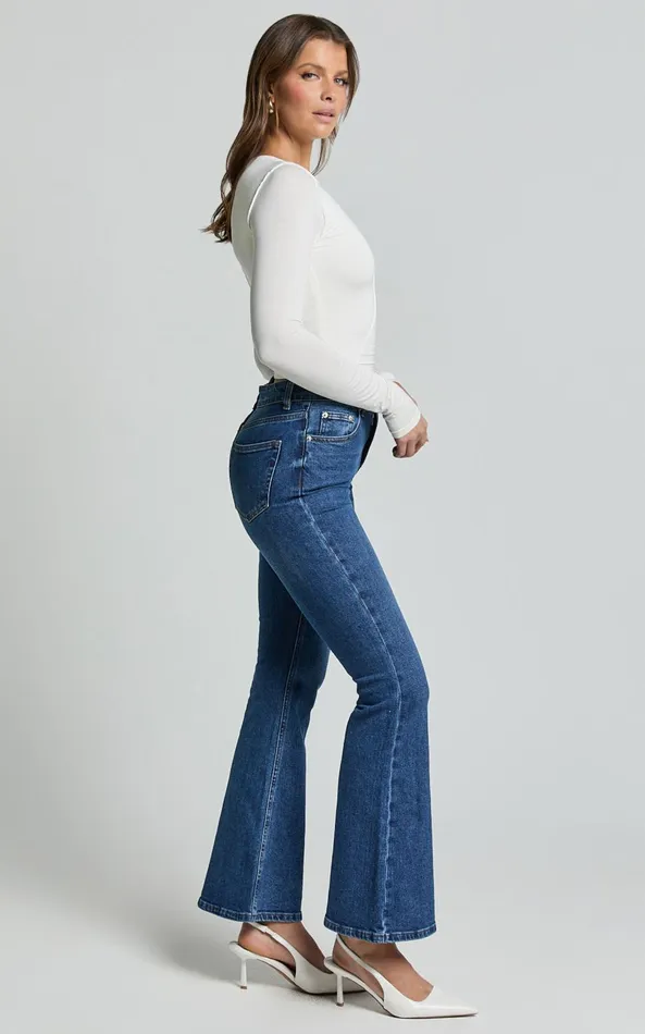 Showpo Tilda Jeans 8211 High Waist Flare Denim Jeans In Dark Blue Wash Women Denim