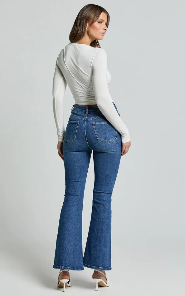 Showpo Tilda Jeans 8211 High Waist Flare Denim Jeans In Dark Blue Wash Women Denim