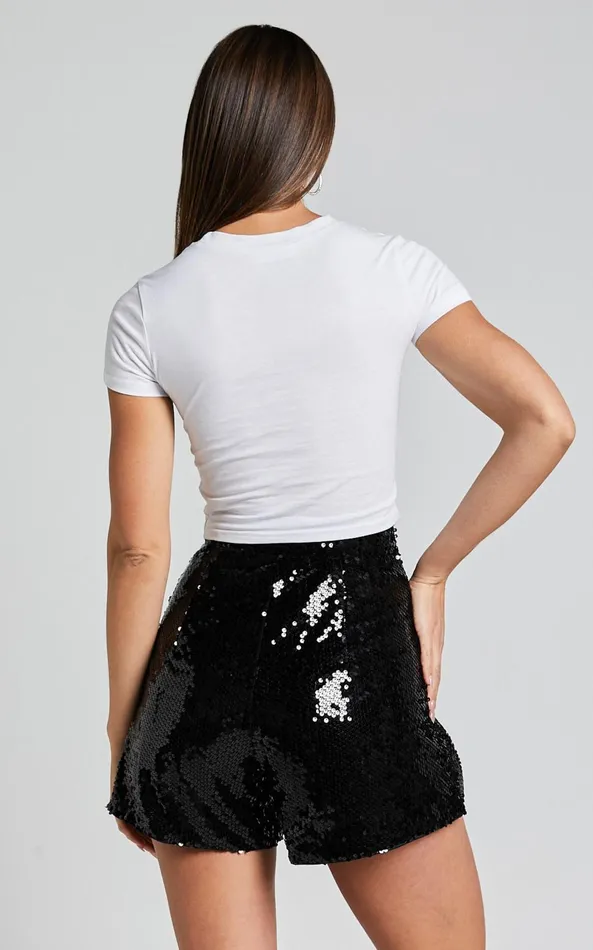 Showpo Tirana Shorts 8211 Sequin High Waisted Tailored In Black Women Curve Clothes