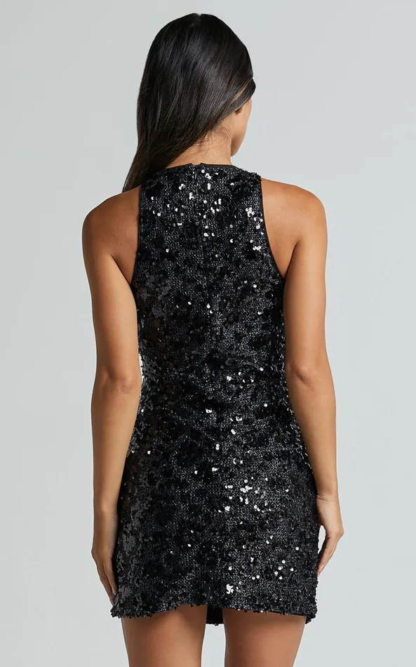 Showpo Tisdale Mini Dress 8211 Halter Sequin Shift Dress In Black Women Dresses