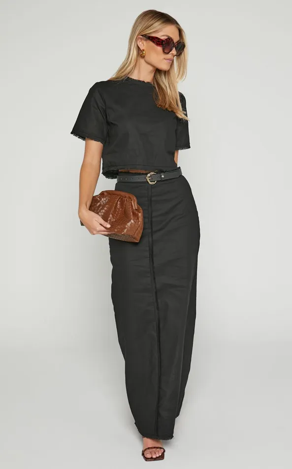 Showpo Tisdale Two Piece Set 8211 Linen Look Scoop Neck Short Sleeve Cropped Top And Maxi Skirt In Black Women Two Piece Sets and Coords Showpo Tisdale Two Piece Set 8211 Linen Look Scoop Neck Short Sleeve Cropped Top And Maxi Skirt In Black Women Two Piece Sets and Coords