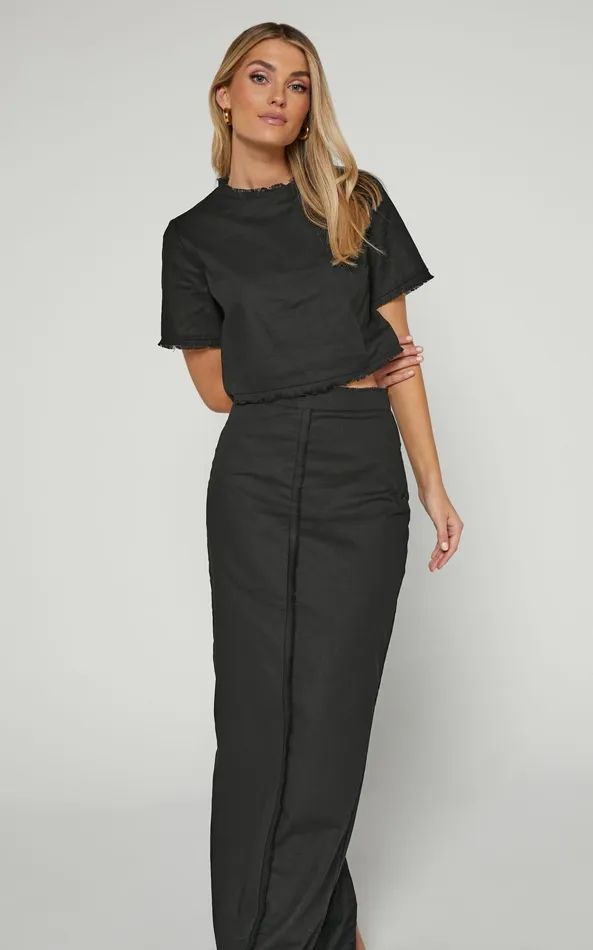 Showpo Tisdale Two Piece Set 8211 Linen Look Scoop Neck Short Sleeve Cropped Top And Maxi Skirt In Black Women Two Piece Sets and Coords