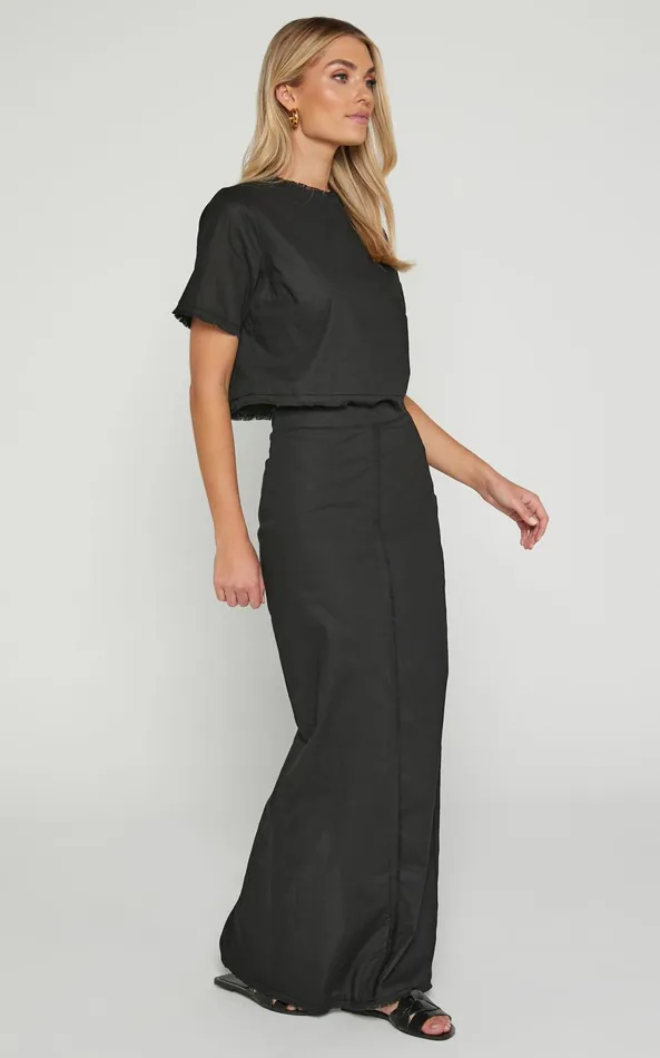 Showpo Tisdale Two Piece Set 8211 Linen Look Scoop Neck Short Sleeve Cropped Top And Maxi Skirt In Black Women Two Piece Sets and Coords