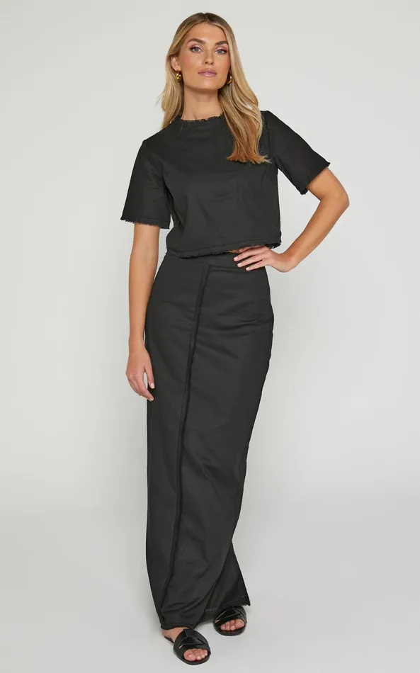 Showpo Tisdale Two Piece Set 8211 Linen Look Scoop Neck Short Sleeve Cropped Top And Maxi Skirt In Black Women Two Piece Sets and Coords