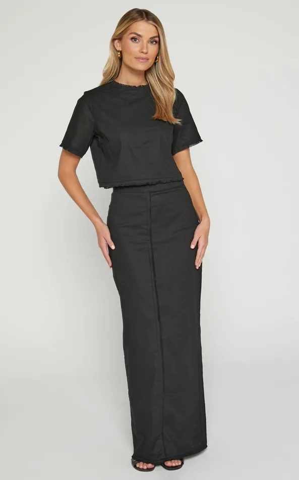 Showpo Tisdale Two Piece Set 8211 Linen Look Scoop Neck Short Sleeve Cropped Top And Maxi Skirt In Black Women Two Piece Sets and Coords