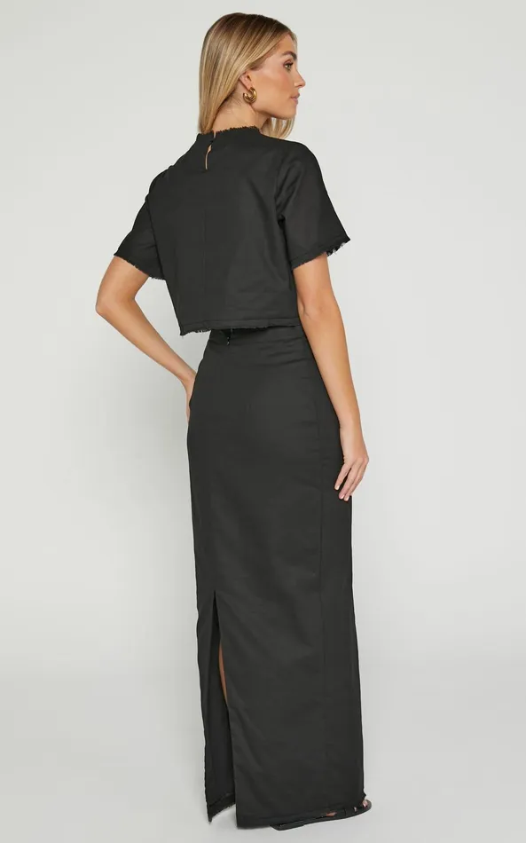Showpo Tisdale Two Piece Set 8211 Linen Look Scoop Neck Short Sleeve Cropped Top And Maxi Skirt In Black Women Two Piece Sets and Coords