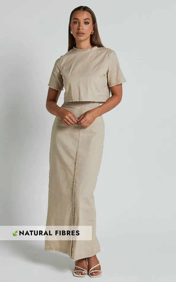 Showpo Tisdale Two Piece Set 8211 Linen Look Scoop Neck Short Sleeve Cropped Top And Maxi Skirt In Sand Women Two Piece Sets and Coords Showpo Tisdale Two Piece Set 8211 Linen Look Scoop Neck Short Sleeve Cropped Top And Maxi Skirt In Sand Women Two Piece Sets and Coords
