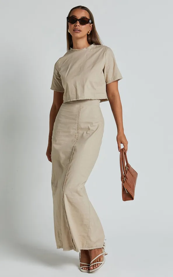 Showpo Tisdale Two Piece Set 8211 Linen Look Scoop Neck Short Sleeve Cropped Top And Maxi Skirt In Sand Women Two Piece Sets and Coords
