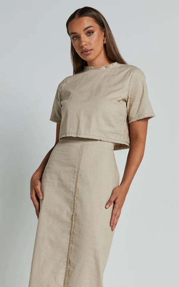Showpo Tisdale Two Piece Set 8211 Linen Look Scoop Neck Short Sleeve Cropped Top And Maxi Skirt In Sand Women Two Piece Sets and Coords