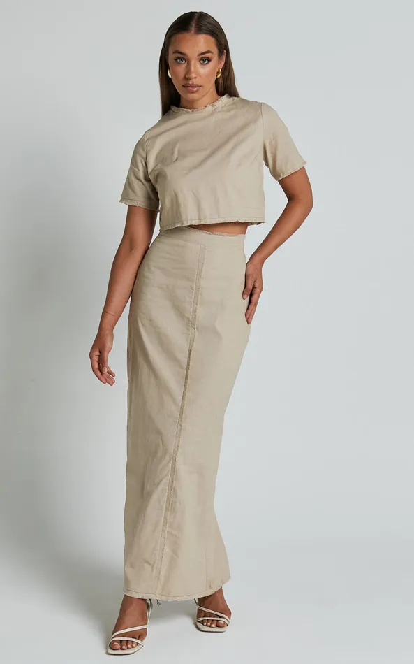 Showpo Tisdale Two Piece Set 8211 Linen Look Scoop Neck Short Sleeve Cropped Top And Maxi Skirt In Sand Women Two Piece Sets and Coords