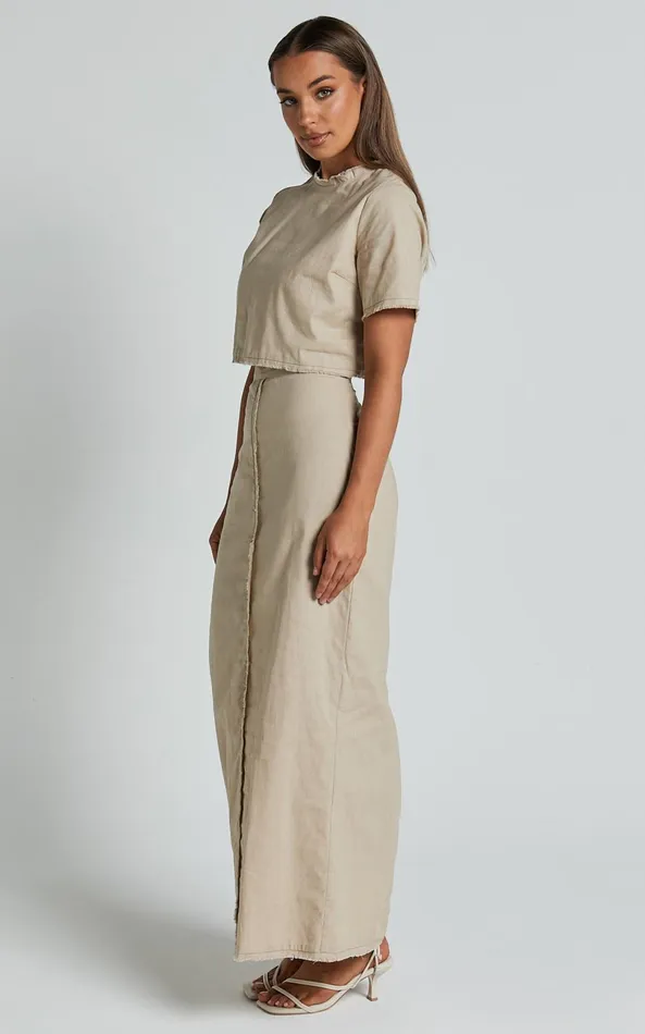 Showpo Tisdale Two Piece Set 8211 Linen Look Scoop Neck Short Sleeve Cropped Top And Maxi Skirt In Sand Women Two Piece Sets and Coords