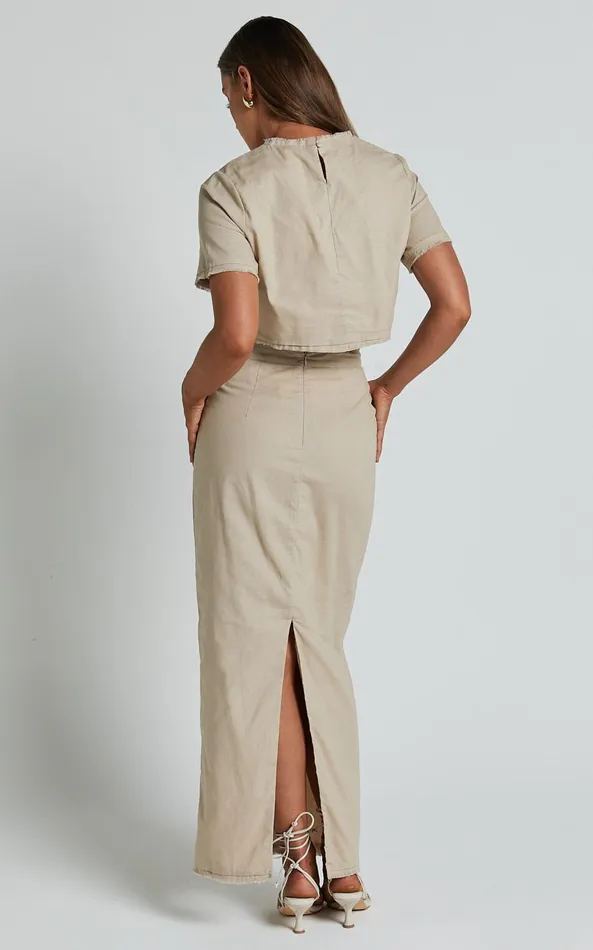 Showpo Tisdale Two Piece Set 8211 Linen Look Scoop Neck Short Sleeve Cropped Top And Maxi Skirt In Sand Women Two Piece Sets and Coords