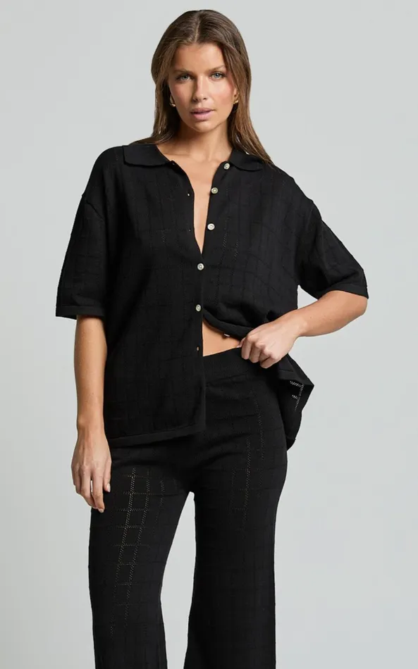 Showpo Tommy Two Piece Set 8211 Knit Button Through Top And Pants Two Piece Set In Black Women Curve Clothes