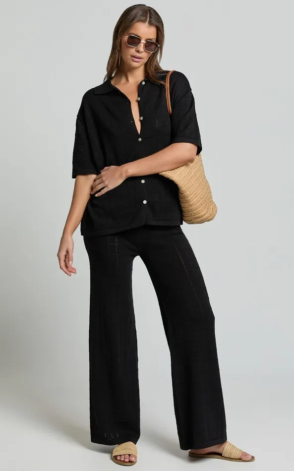 Showpo Tommy Two Piece Set 8211 Knit Button Through Top And Pants Two Piece Set In Black Women Curve Clothes
