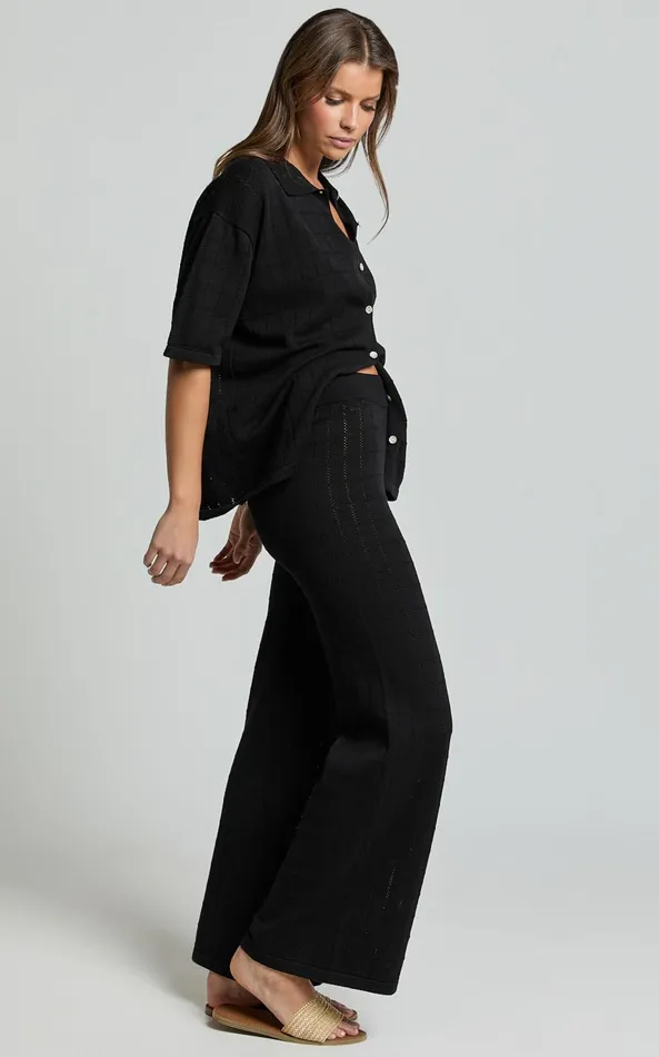 Showpo Tommy Two Piece Set 8211 Knit Button Through Top And Pants Two Piece Set In Black Women Curve Clothes