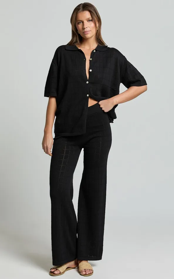 Showpo Tommy Two Piece Set 8211 Knit Button Through Top And Pants Two Piece Set In Black Women Curve Clothes