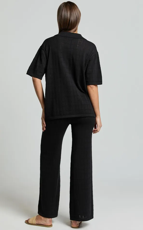 Showpo Tommy Two Piece Set 8211 Knit Button Through Top And Pants Two Piece Set In Black Women Curve Clothes