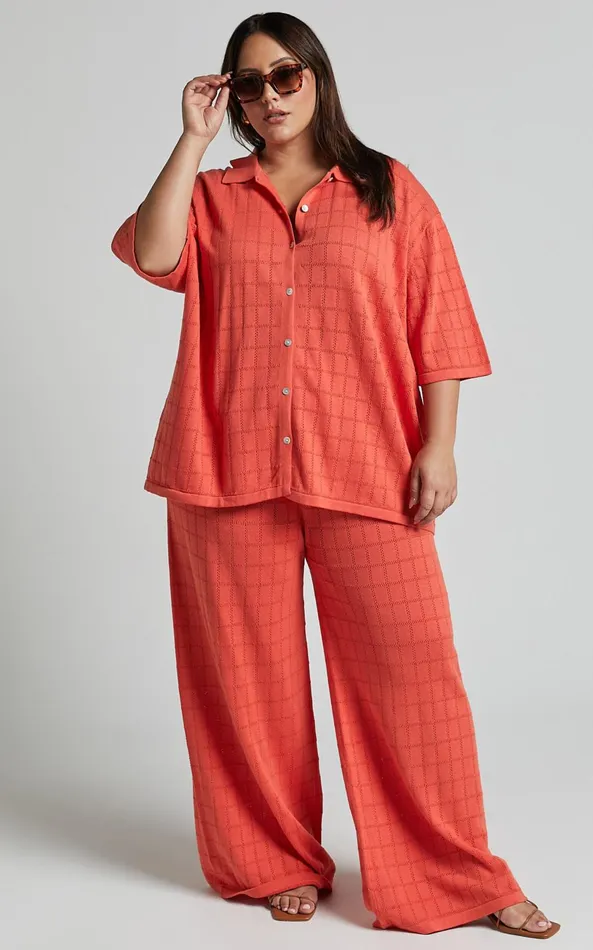 Showpo Tommy Two Piece Set 8211 Knit Button Through Top And Pants Two Piece Set In Coral Women Curve Clothes