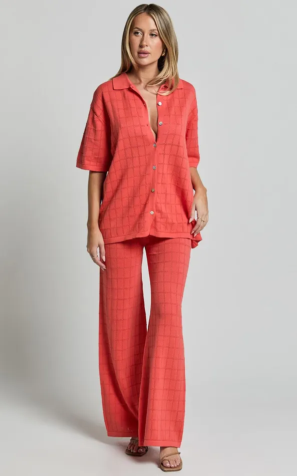 Showpo Tommy Two Piece Set 8211 Knit Button Through Top And Pants Two Piece Set In Coral Women Curve Clothes