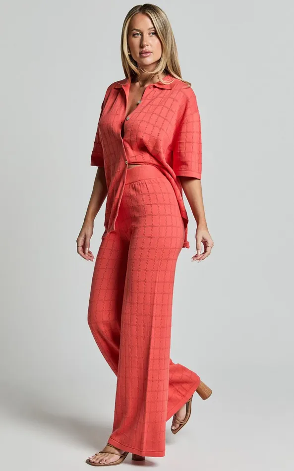 Showpo Tommy Two Piece Set 8211 Knit Button Through Top And Pants Two Piece Set In Coral Women Curve Clothes