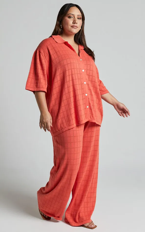 Showpo Tommy Two Piece Set 8211 Knit Button Through Top And Pants Two Piece Set In Coral Women Curve Clothes