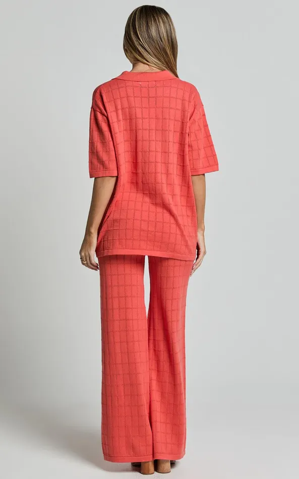 Showpo Tommy Two Piece Set 8211 Knit Button Through Top And Pants Two Piece Set In Coral Women Curve Clothes