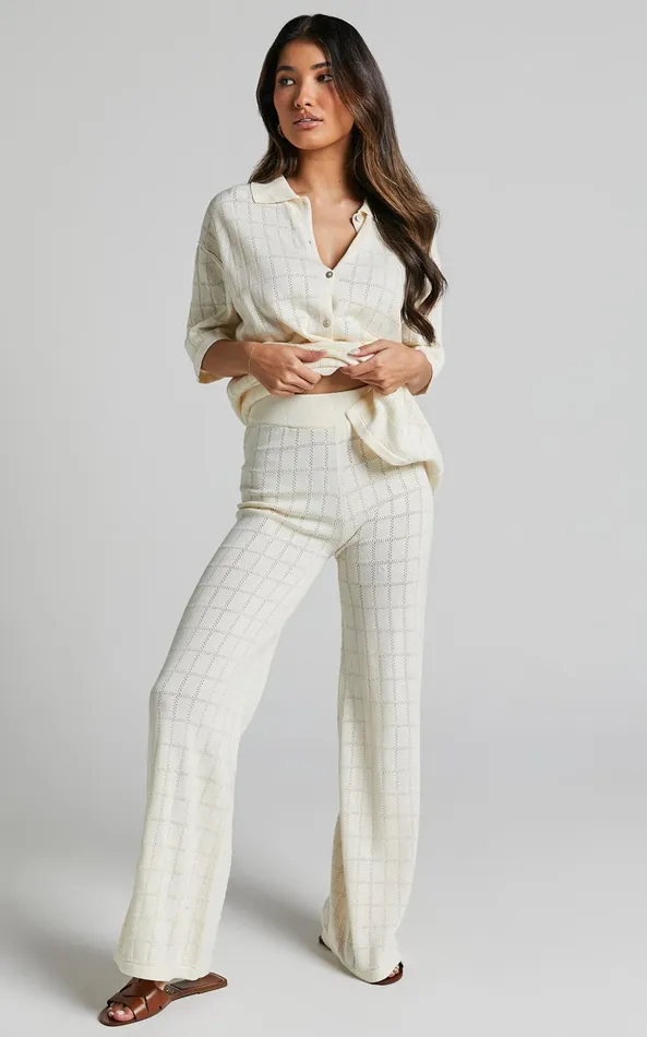 Showpo Tommy Two Piece Set 8211 Knit Button Through Top And Pants Two Piece Set In Cream Women Curve Clothes