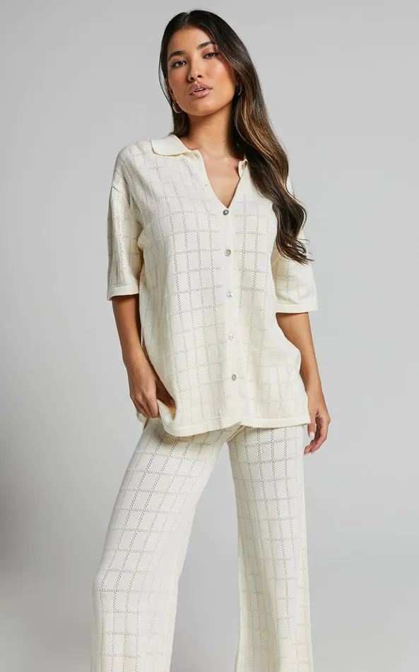 Showpo Tommy Two Piece Set 8211 Knit Button Through Top And Pants Two Piece Set In Cream Women Curve Clothes