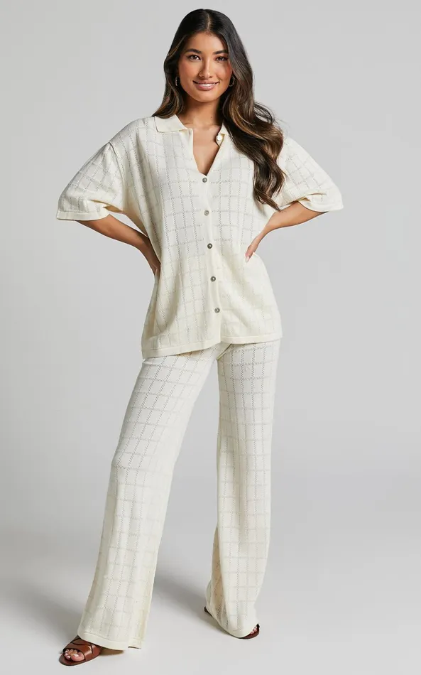 Showpo Tommy Two Piece Set 8211 Knit Button Through Top And Pants Two Piece Set In Cream Women Curve Clothes