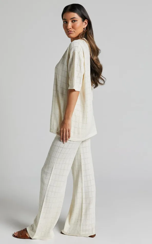 Showpo Tommy Two Piece Set 8211 Knit Button Through Top And Pants Two Piece Set In Cream Women Curve Clothes