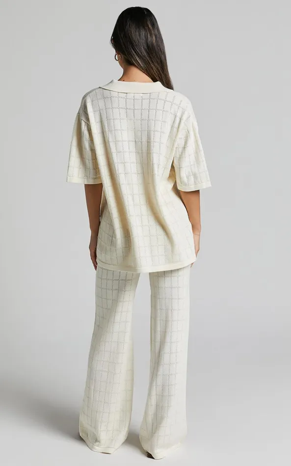 Showpo Tommy Two Piece Set 8211 Knit Button Through Top And Pants Two Piece Set In Cream Women Curve Clothes