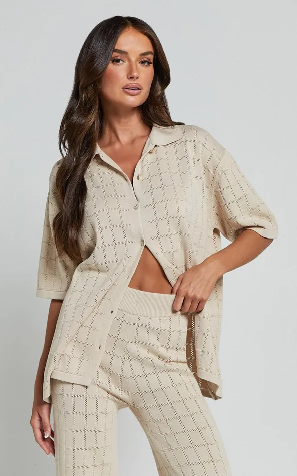 Showpo Tommy Two Piece Set 8211 Knit Button Through Top And Pants Two Piece Set In Sand Women Knitwear